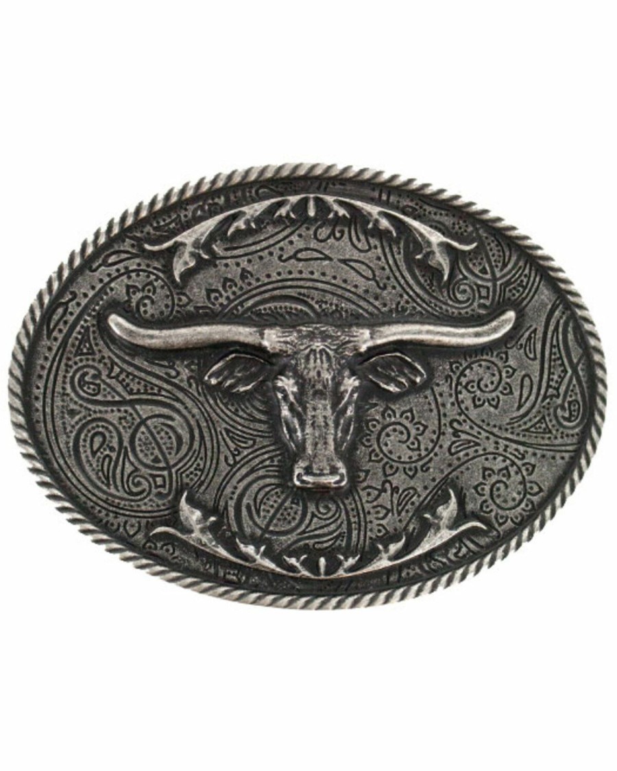 Men Cody James | Cody James Longhorn Antiqued Silver-Tone Oval Belt Buckle Discount