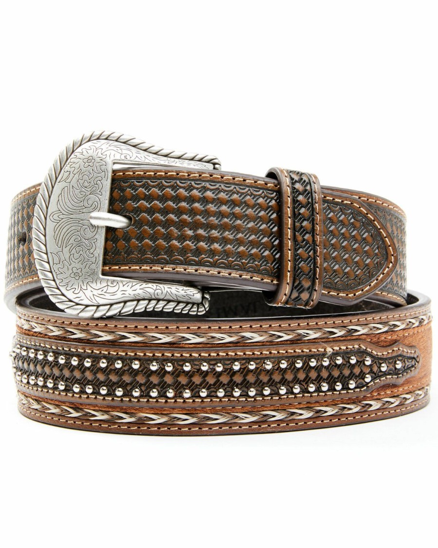 Men Cody James | Cody James Men'S Brown Hair-On Basketweave Studded Leather Belt Online