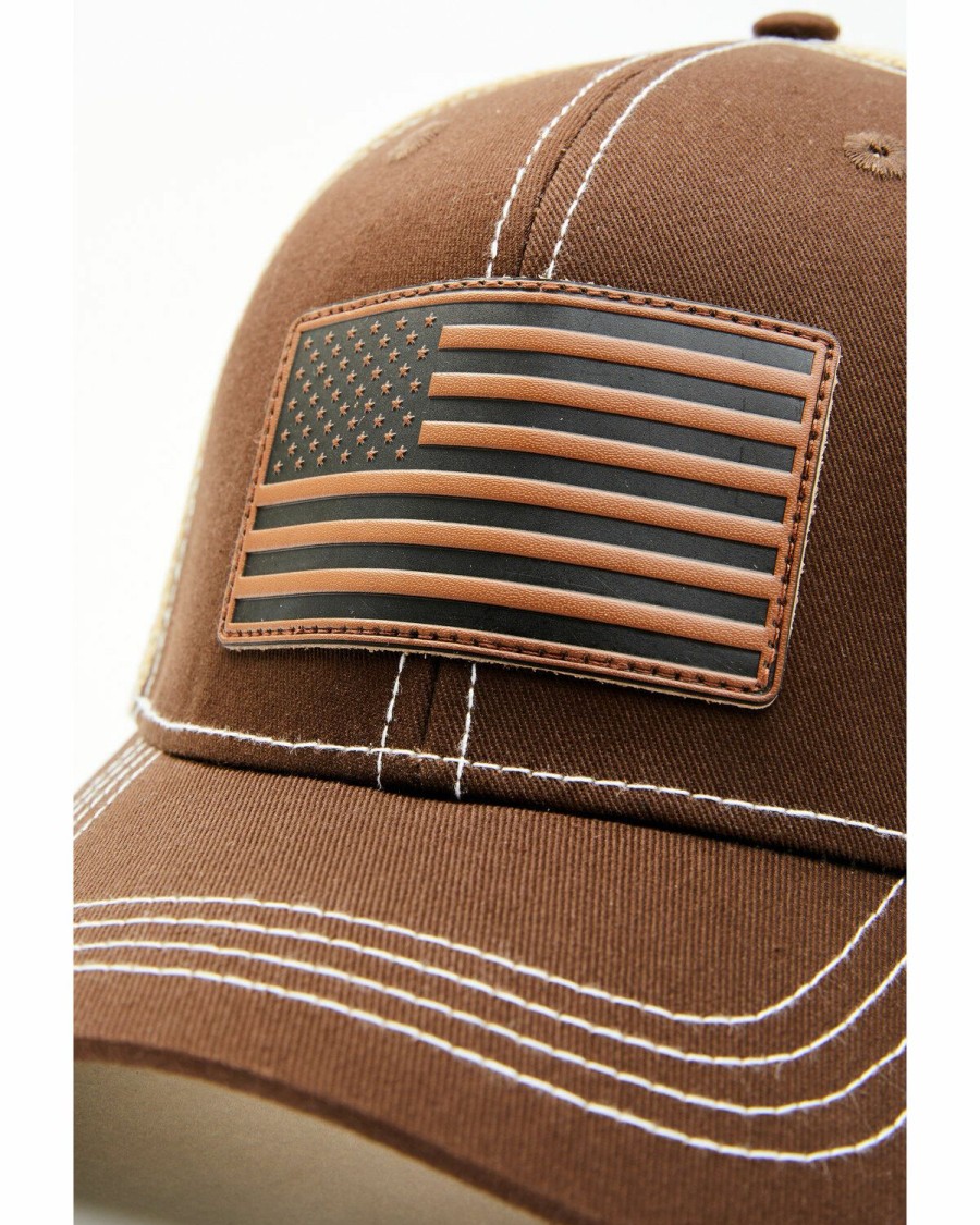 Men Cody James | Cody James Men'S Brown Leather Flag Patch Mesh-Back Ball Cap Outlet