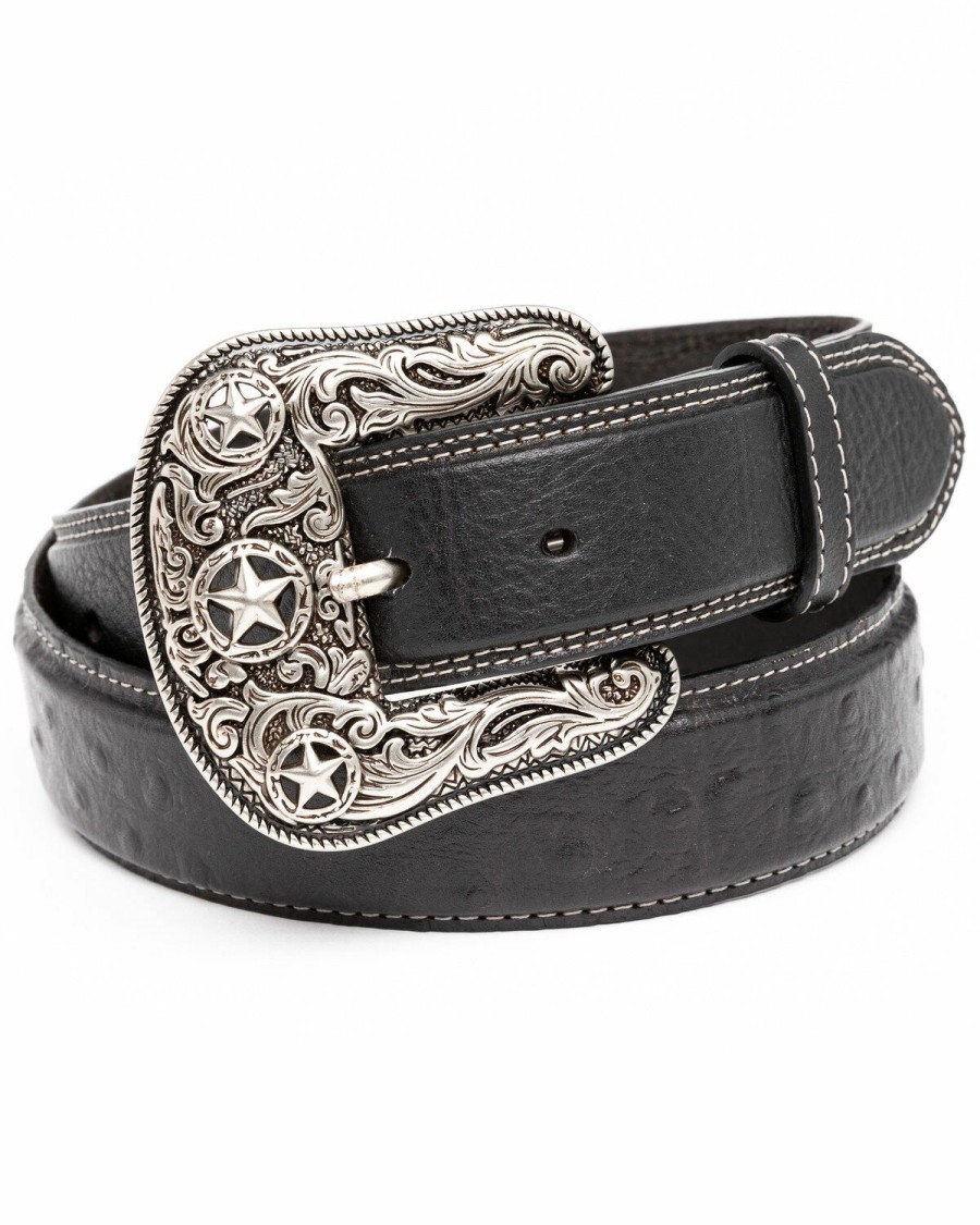 Men Cody James | Cody James Men'S Black Ostrich Print Embroidered Western Buckle Belt Discount