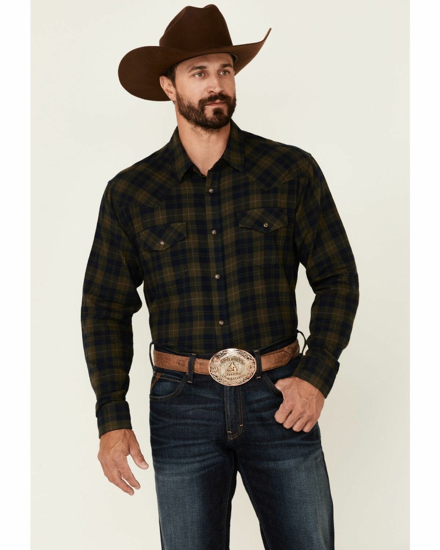 Gifts Cody James | Cody James Men'S Olive Workhorse Plaid Long Sleeve Snap Western Flannel Shirt Discount