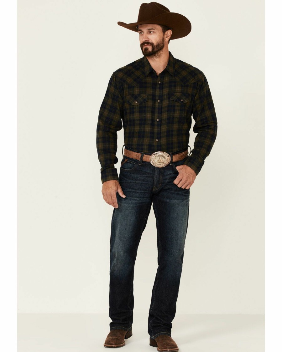 Gifts Cody James | Cody James Men'S Olive Workhorse Plaid Long Sleeve Snap Western Flannel Shirt Discount