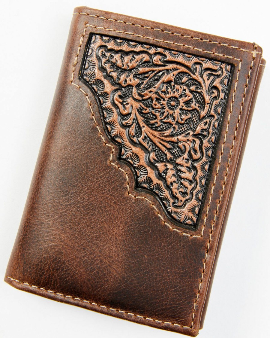 Men Cody James | Cody James Men'S Brown Tooled Trifold Leather Wallet Outlet