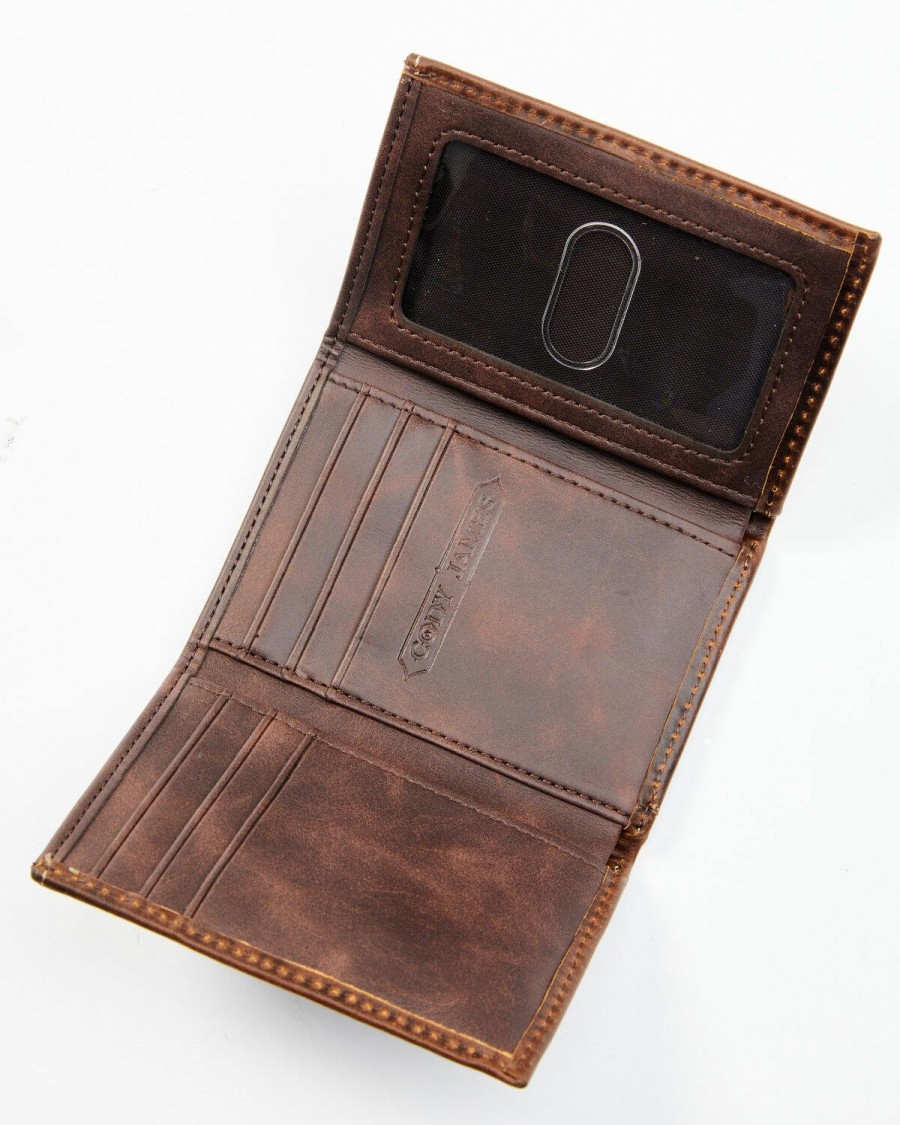 Men Cody James | Cody James Men'S Brown Tooled Trifold Leather Wallet Outlet